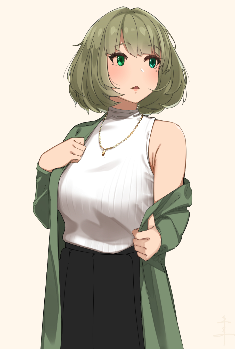 bangs black_skirt blue_eyes blush breasts cowboy_shot eyebrows_visible_through_hair green_eyes green_hair green_jacket heterochromia highlights highres idolmaster idolmaster_cinderella_girls jacket jewelry long_sleeves looking_to_the_side medium_breasts mole mole_under_eye multicolored_hair necklace off_shoulder open_clothes open_jacket parted_lips senju_(snz0) short_hair signature simple_background single_bare_shoulder skirt smile solo standing sweater takagaki_kaede undressing white_sweater yellow_background