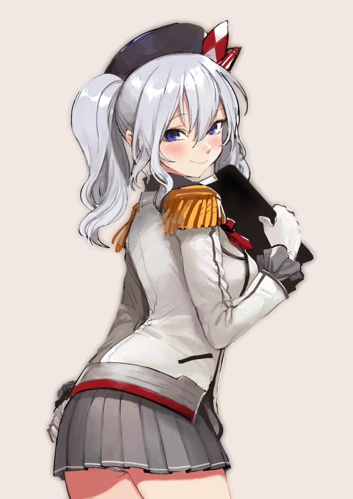 :&gt; arm_at_side ass beige_background blue_eyes blush breasts clipboard closed_mouth contrapposto cowboy_shot epaulettes from_side gloves hair_between_eyes hat kantai_collection kashima_(kantai_collection) looking_at_viewer looking_back medium_breasts miniskirt panties pantyshot pantyshot_(standing) pleated_skirt shinpu_(oresinpu) sidelocks silver_hair simple_background skirt smile solo standing twintails underwear white_gloves white_panties