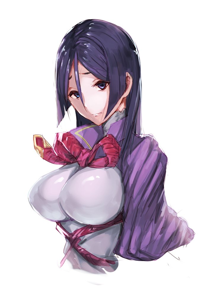 bangs blue_eyes bodysuit breasts closed_mouth commentary cropped_arms cropped_torso fate/grand_order fate_(series) fumikiri hair_between_eyes large_breasts looking_at_viewer minamoto_no_raikou_(fate/grand_order) parted_bangs pink_bodysuit puffy_sleeves purple_hair simple_background solo upper_body white_background