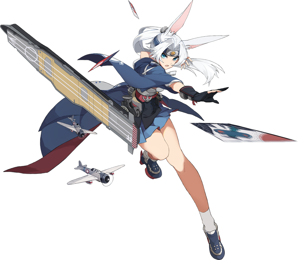 aircraft airplane animal_ears azur_lane black_gloves blue_eyes blue_footwear blue_skirt breasts bunny_ears eyebrows eyebrows_visible_through_headband flight_deck full_body gloves hair_intakes hair_ornament headband hiryuu_(azur_lane) japanese_clothes long_hair machinery miniskirt official_art open_mouth partly_fingerless_gloves pleated_skirt ponytail sakuramon shoes single_glove skirt small_breasts socks solo tachi-e tongue transparent_background underbust white_hair white_legwear xiao_yeyouxi