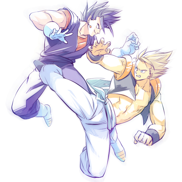 bakusou_k bare_chest black_eyes black_hair blonde_hair blue_eyes boots dougi dragon_ball dragon_ball_z earrings fighting frown gloves gogeta jewelry looking_at_another male_focus multiple_boys serious simple_background super_saiyan vegetto white_background