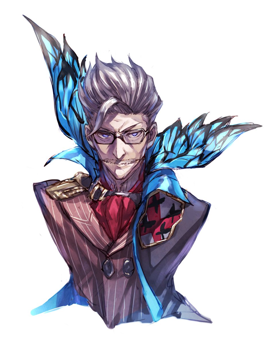 blue_eyes closed_mouth commentary_request cravat cropped_torso facial_hair fate/grand_order fate_(series) fumikiri glasses grey_hair hair_slicked_back high_collar highres jacket james_moriarty_(fate/grand_order) looking_at_viewer male_focus mustache red_neckwear simple_background solo upper_body white_background