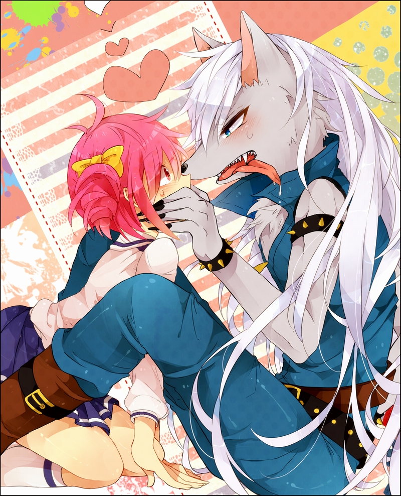 &lt;3 2013 anthro belt blue_eyes blush bow_tie bracelet canine chest_tuft clothed clothing eye_contact female fully_clothed fur grey_fur hair hand_on_face hoshizora_miyuki human jewelry kneeling long_hair male mammal open_mouth paritobari pink_eyes pink_hair pretty_cure saliva sitting skirt smile_pretty_cure tongue tongue_out tuft white_hair wolf wolfrun