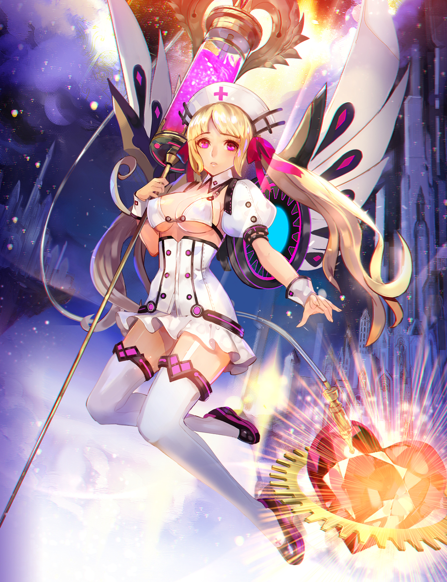 bikini_top blonde_hair breasts castle commentary dress garter_straps hat heart highres large_breasts mechanical_wings nurse nurse_cap original oversized_object pink_eyes revision solo syringe thighhighs twintails underboob weed_(astarone) wings zettai_ryouiki