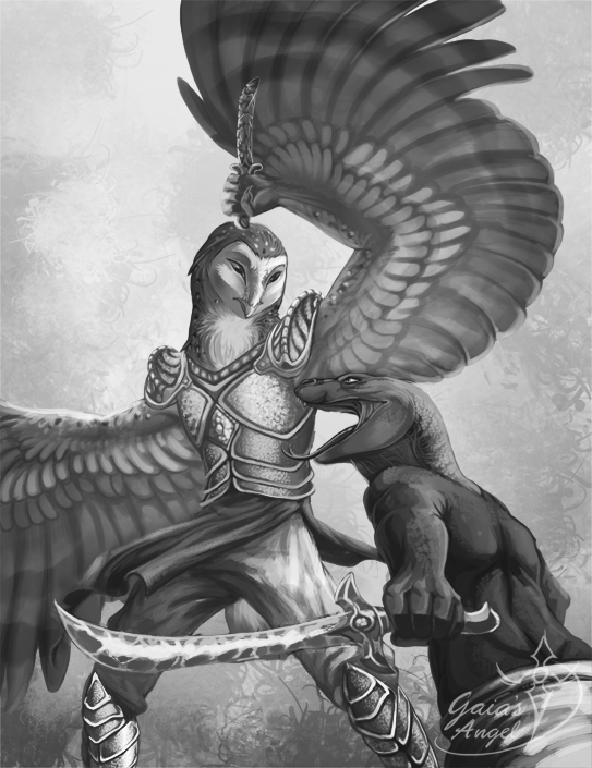 ambiguous_gender anthro armor avian bird clothed clothing digital_media_(artwork) feathered_wings feathers greyscale holding_object holding_weapon monochrome open_mouth owl pechschwinge reptile scalie snake tongue weapon wings
