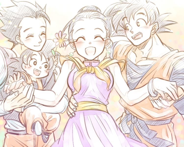 3boys :d bakusou_k black_eyes black_hair bracelet brothers chi-chi_(dragon_ball) chinese_clothes closed_eyes couple dragon_ball dragon_ball_z earrings eyebrows_visible_through_hair family father_and_son flower happy hetero jewelry mother_and_son multiple_boys open_mouth short_hair siblings smile son_gohan son_gokuu son_goten spiked_hair