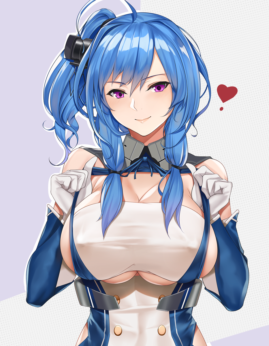 ahoge azur_lane bangs bare_shoulders blue_hair blush breasts cleavage closed_mouth commentary covered_nipples elbow_gloves eyebrows_visible_through_hair gloves heart highres large_breasts lips long_hair looking_at_viewer ponytail pulled_by_self purple_eyes shiny shiny_hair side_ponytail sideboob sidelocks skindentation smile solo st._louis_(azur_lane) strap_pull tony_guisado underboob upper_body white_gloves