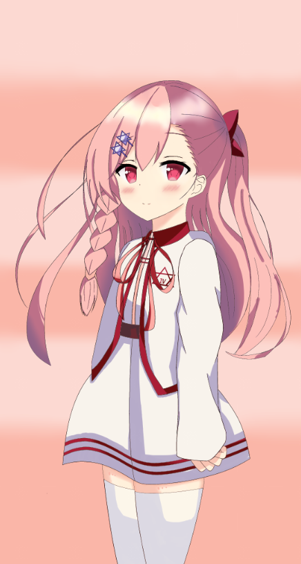 age_regression asymmetrical_hair blush bow braid clenched_hand closed_mouth collared_jacket commentary_request dress girls_frontline gradient gradient_background hair_between_eyes hair_bow hair_ornament hair_ribbon hairclip hexagram jacket long_hair long_sleeves looking_at_viewer negev_(girls_frontline) open_clothes open_jacket pink_background pink_hair red_bow red_eyes ribbon simple_background skirt smile solo star_of_david thighhighs white_dress white_legwear white_skirt younger yujekikori