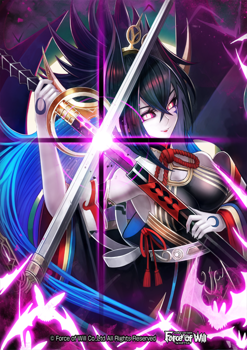 bat black_hair black_sclera blue_hair copyright_name fangs force_of_will glowing glowing_eyes hair_ornament katana long_hair multicolored_hair official_art open_mouth pale_skin red_eyes reiya_(force_of_will) solo sword tattoo two-tone_hair vampire weapon