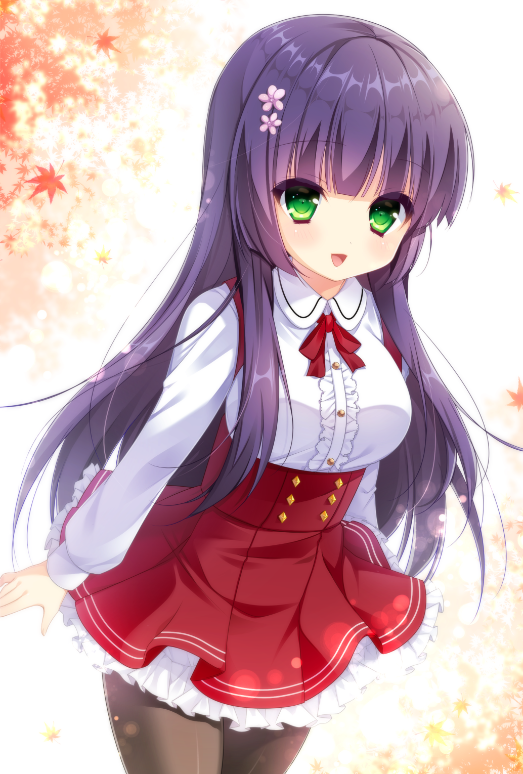 :d arms_at_sides autumn_leaves bangs black_hair black_legwear blush breasts center_frills collared_shirt commentary_request eyebrows_visible_through_hair flower frilled_skirt frills green_eyes hair_flower hair_ornament high-waist_skirt highres impossible_clothes leaf long_hair long_sleeves looking_at_viewer maple_leaf medium_breasts meme_attire open_mouth original pantyhose pimopi pleated_skirt purple_eyes red_neckwear red_ribbon red_skirt ribbon shirt skirt smile solo suspender_skirt suspenders very_long_hair virgin_killer_outfit white_shirt