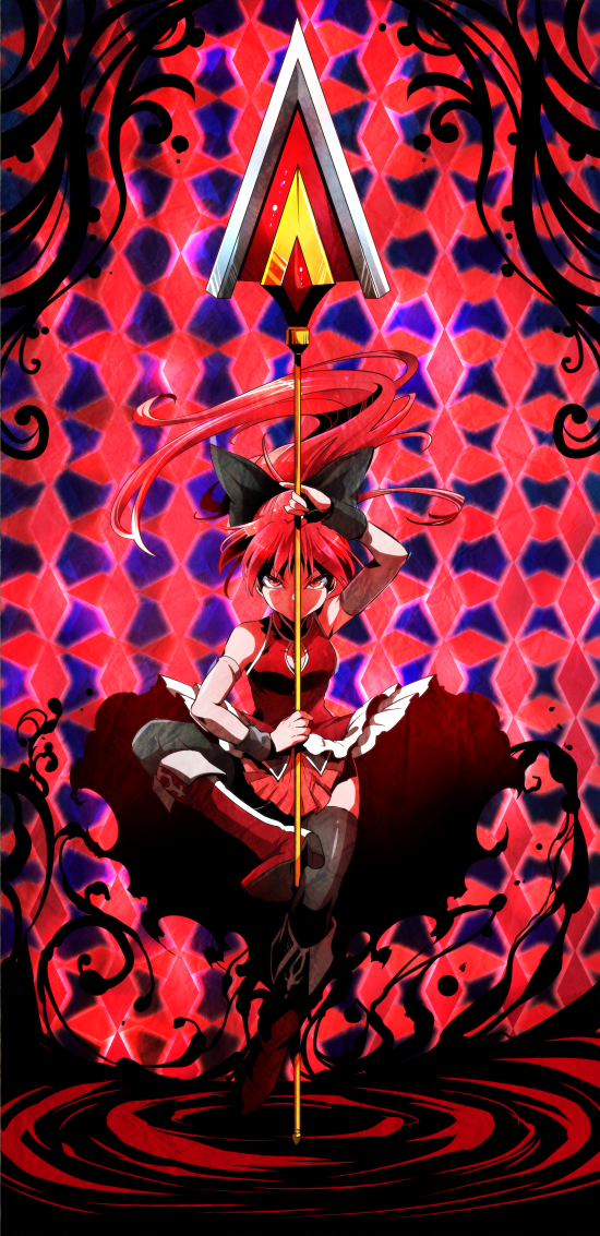 black_bow boots bow breasts cleavage_cutout detached_sleeves full_body hair_bow holding holding_weapon knee_boots long_hair looking_at_viewer magical_girl mahou_shoujo_madoka_magica marimo_(yousei_ranbu) polearm ponytail red_eyes red_hair sakura_kyouko serious small_breasts solo spear thighhighs weapon wristband