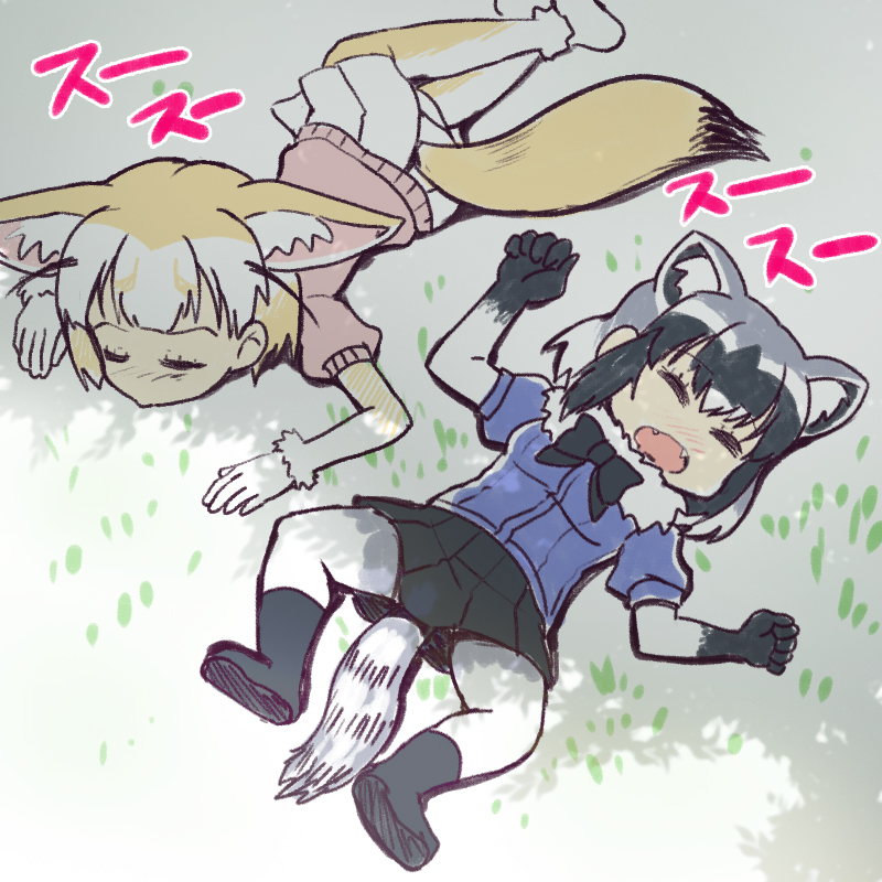 animal_ears black_footwear black_gloves black_legwear black_skirt blonde_hair blue_shirt boots bow bowtie closed_eyes closed_mouth common_raccoon_(kemono_friends) elbow_gloves fangs fennec_(kemono_friends) fox_ears fox_tail gloves grey_hair kemono_friends lying multicolored_hair multiple_girls on_back on_stomach open_mouth pantyhose pink_shirt pleated_skirt puffy_short_sleeves puffy_sleeves raccoon_ears raccoon_tail shade shirt short_hair short_sleeves skirt sleeping spread_legs tail totokichi white_legwear white_skirt yellow_legwear