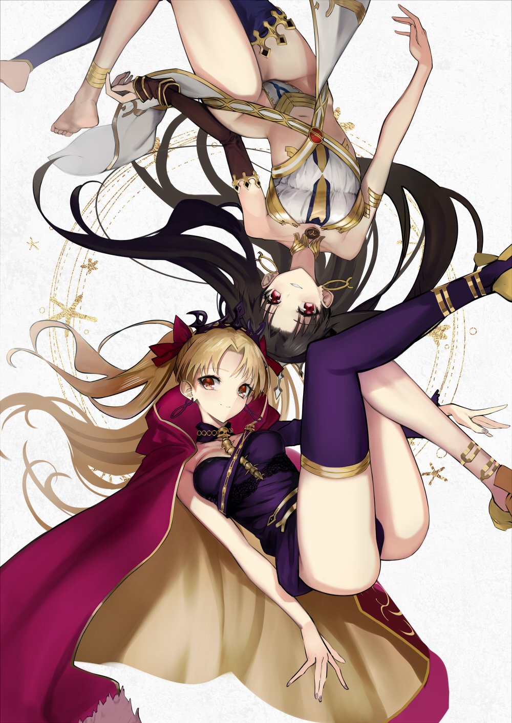anklet ass bare_shoulders barefoot between_breasts black_hair blonde_hair bow breasts cape commentary_request detached_collar dress earrings ereshkigal_(fate/grand_order) fate/grand_order fate_(series) hair_bow high_heels highres infinity ishtar_(fate/grand_order) jewelry long_hair long_legs looking_at_viewer medium_breasts mins_(minevi) multicolored multicolored_cape multicolored_clothes multiple_girls panties parted_lips purple_dress purple_legwear red_cape red_eyes short_dress single_sleeve single_thighhigh smile spine thighhighs two_side_up underwear upside-down