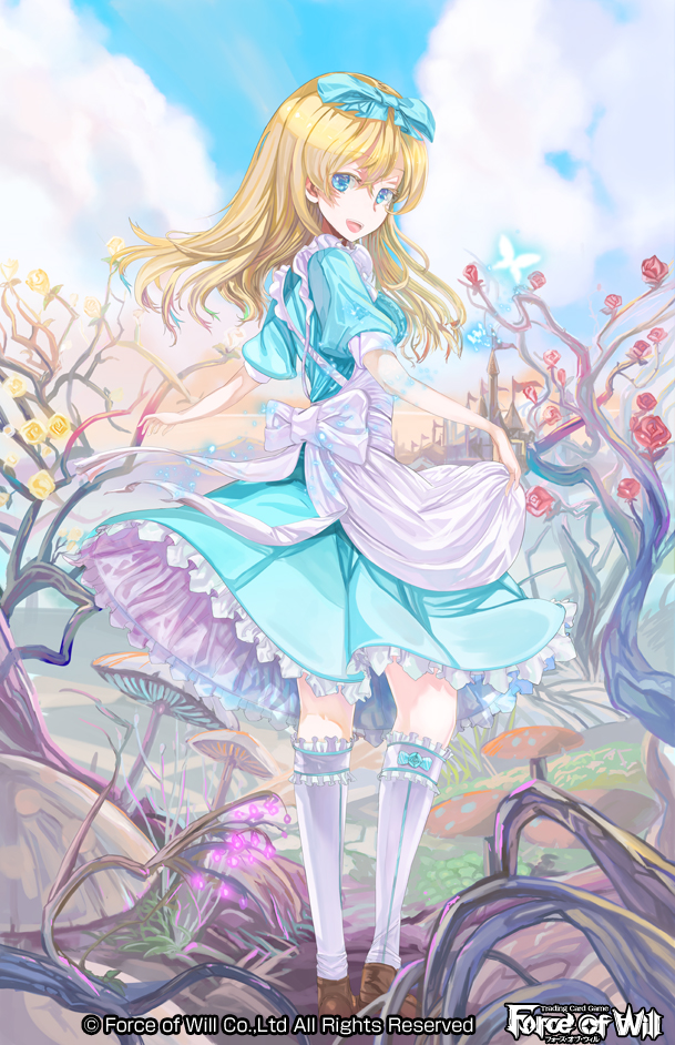 alice_(force_of_will) apron back blonde_hair blue_eyes bow bug butterfly castle cloud copyright_name day flower force_of_will grass insect long_hair mushroom official_art open_mouth rose sky solo teeth wednesday_(starsilver)