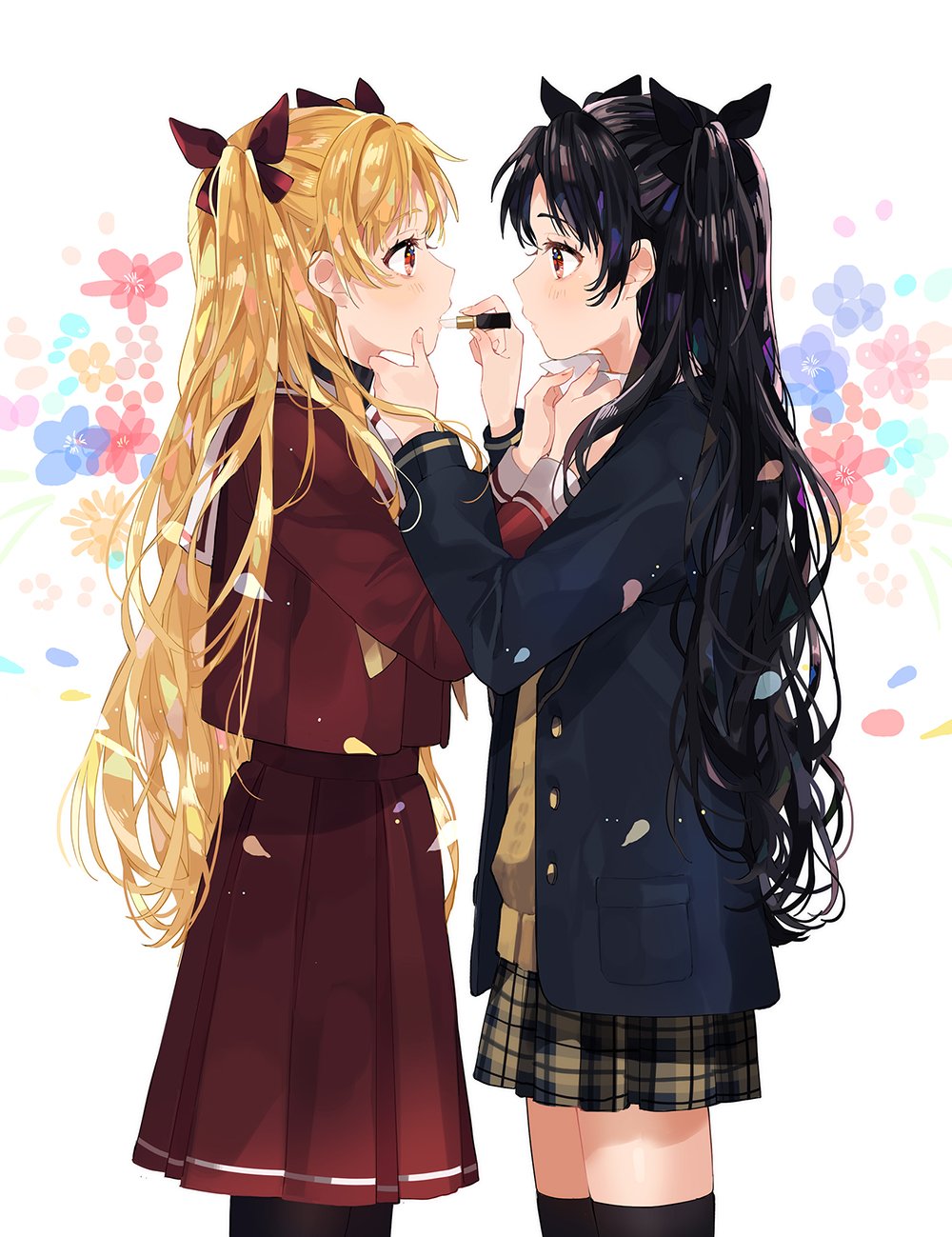adjusting_clothes black_hair black_legwear blazer blonde_hair commentary_request dressing_another dual_persona ereshkigal_(fate/grand_order) fate/grand_order fate_(series) hair_ribbon highres holding i_(yunyuniraaka) ishtar_(fate/grand_order) jacket lipstick lipstick_tube long_hair looking_at_another makeup multiple_girls pantyhose plaid plaid_skirt pleated_skirt red_eyes ribbon school_uniform serafuku simple_background skirt thighhighs two_side_up white_background zettai_ryouiki