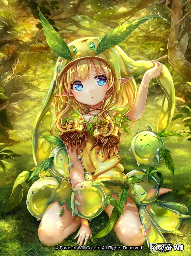 &gt;o&lt; blonde_hair blue_eyes copyright_name force_of_will grass hat leaf long_hair official_art pisuke pointy_ears sitting solo tree