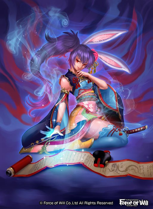 animal_ears ayu_(force_of_will) bunny_ears copyright_name force_of_will japanese_clothes katana long_hair misa_tsutsui official_art purple_hair red_eyes sandals scroll sitting solo sparkle sword thighhighs weapon