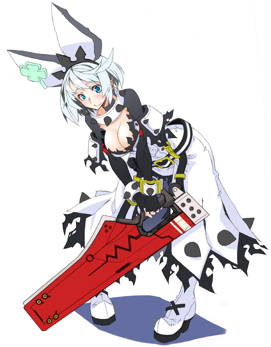 blue_eyes breasts cleavage clover elbow_gloves elphelt_valentine fingerless_gloves four-leaf_clover full_body gloves grey_hair guilty_gear guilty_gear_xrd highres holding holding_weapon large_breasts looking_down nayutarou_(nyt_kag) shadow short_hair simple_background solo spoilers weapon white_background