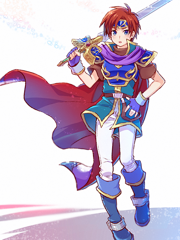 armor artist_request blue_armor blue_eyes boots breastplate cape fingerless_gloves fire_emblem fire_emblem:_fuuin_no_tsurugi gloves headband holding holding_sword holding_weapon looking_at_viewer male_focus pauldrons red_hair roy_(fire_emblem) solo spiked_hair sword weapon