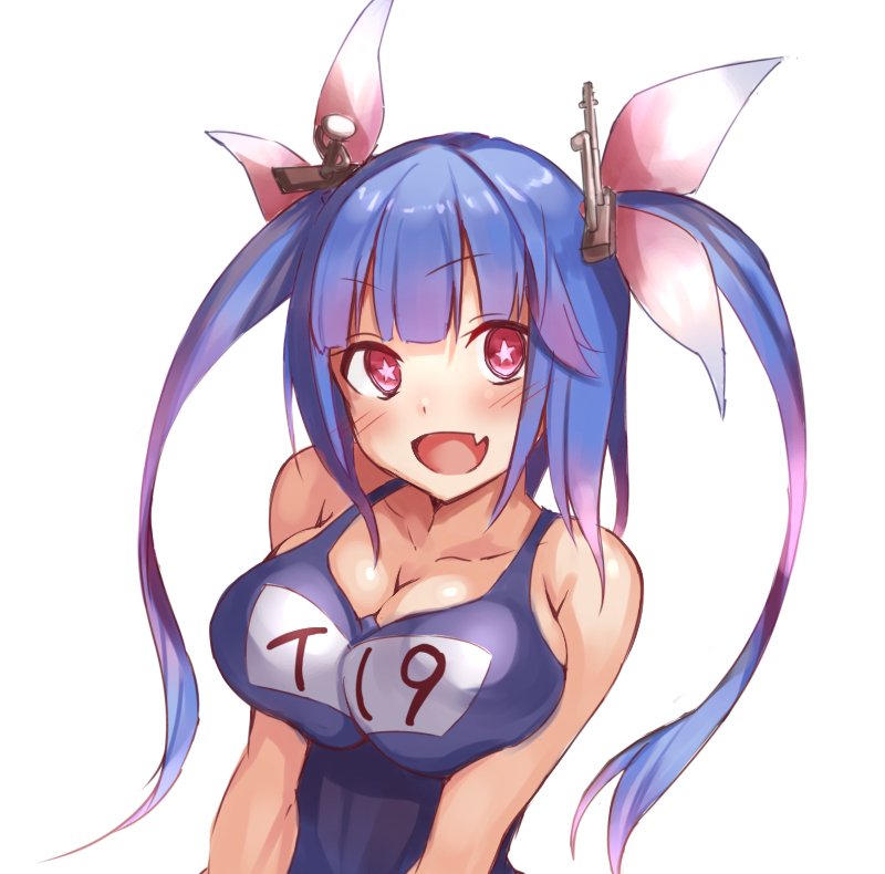 :d bangs bare_shoulders blue_hair blue_swimsuit blush bow breast_press breasts character_name cleavage commentary eyebrows_visible_through_hair fang fumikiri gradient_hair hair_bow headgear i-19_(kantai_collection) kantai_collection large_breasts long_hair looking_at_viewer multicolored_hair name_tag one-piece_swimsuit open_mouth pink_hair red_eyes school_swimsuit simple_background smile solo star star-shaped_pupils swimsuit symbol-shaped_pupils twintails upper_body white_background