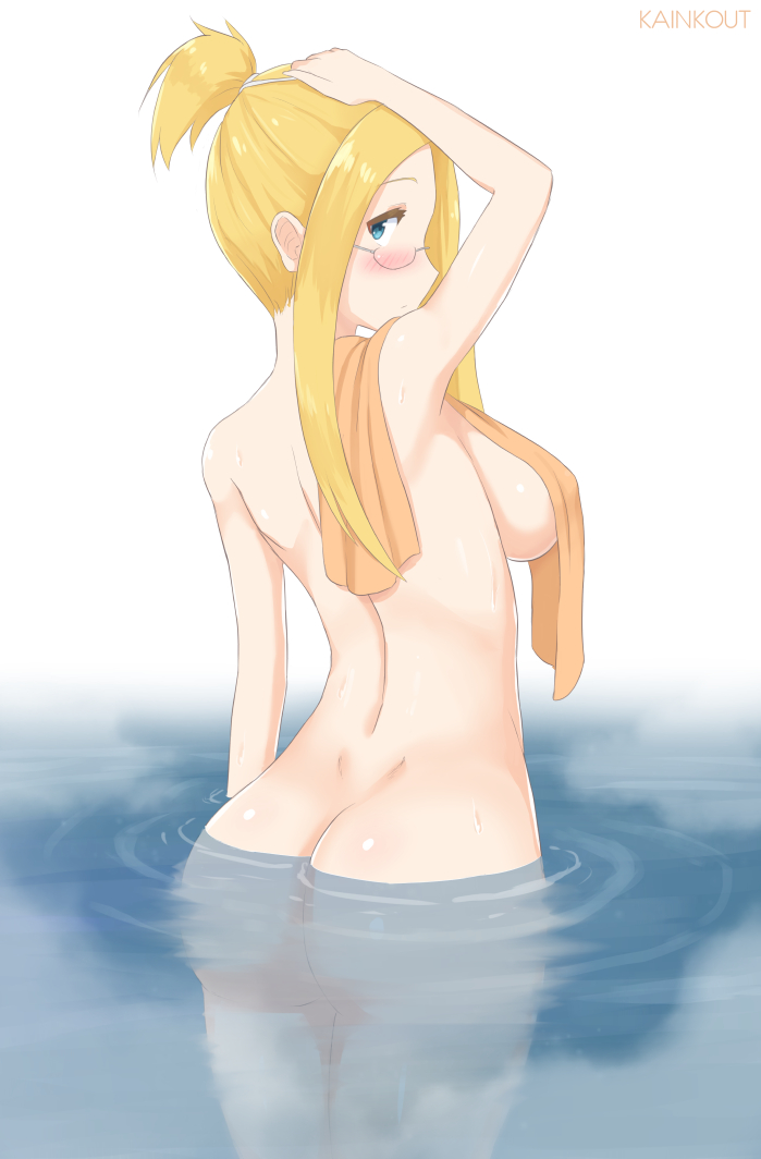 artist_name ass blonde_hair blue_eyes blush breasts dimples_of_venus final_fantasy final_fantasy_viii glasses hand_on_head kainkout large_breasts looking_back nude partially_submerged quistis_trepe short_ponytail sideboob solo standing towel towel_on_one_shoulder water