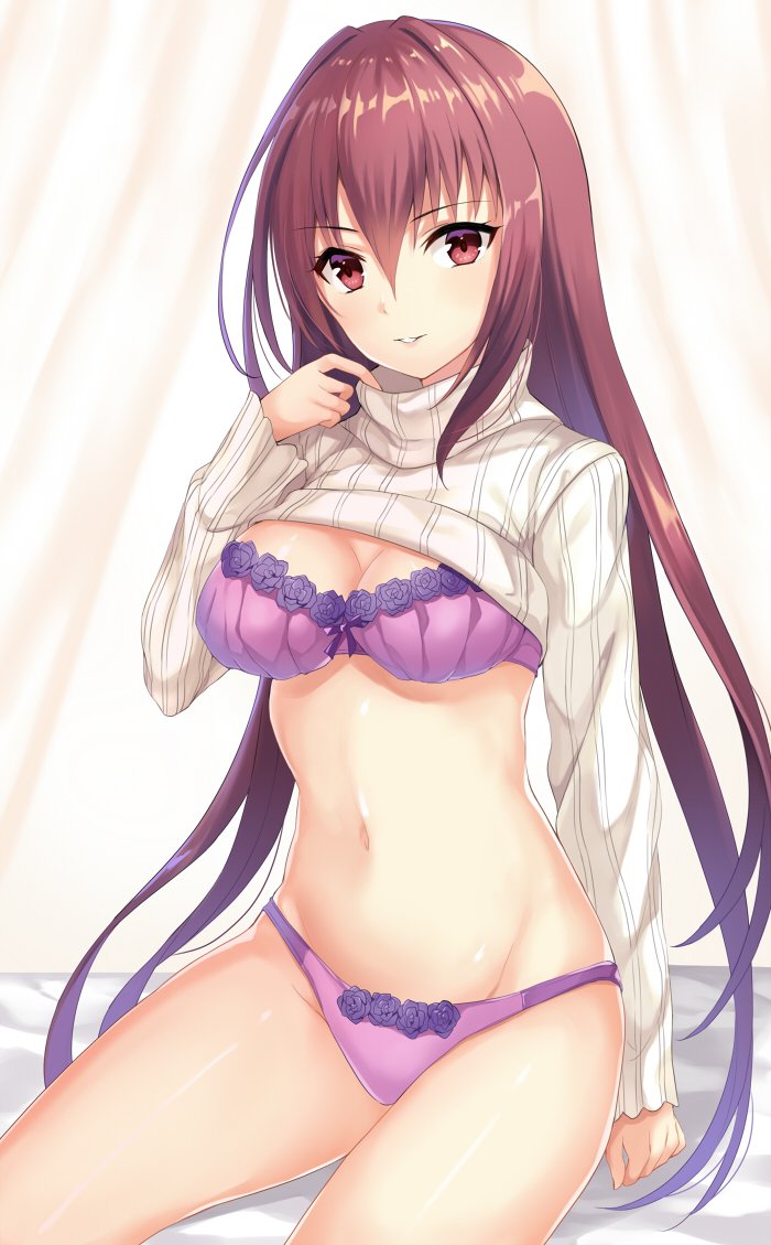 bangs bed_sheet bra breasts brown_hair cleavage clothes_lift curtains eyebrows_visible_through_hair fate/grand_order fate_(series) flower gradient_hair groin hair_between_eyes harimoji long_hair looking_at_viewer medium_breasts multicolored_hair navel panties parted_lips purple_bra purple_flower purple_hair purple_panties purple_rose red_eyes ribbed_sweater rose scathach_(fate)_(all) scathach_(fate/grand_order) shiny shiny_hair sitting solo sweater sweater_lift two-tone_hair underwear very_long_hair white_sweater