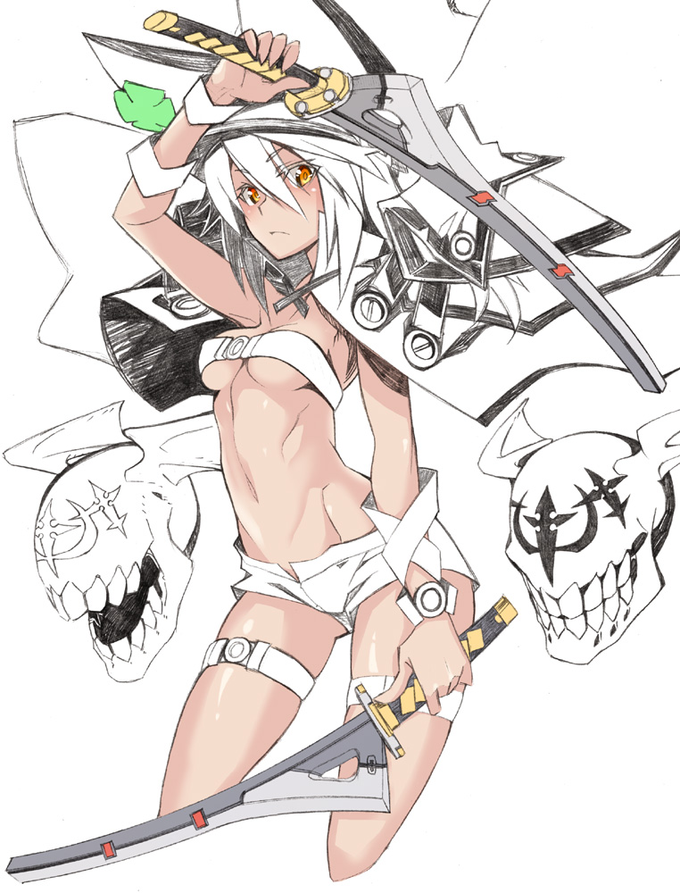 belt beltbra breasts cape guilty_gear guilty_gear_xrd hair_between_eyes hat holding holding_sword holding_weapon long_hair medium_breasts navel nayutarou_(nyt_kag) ramlethal_valentine short_shorts shorts solo sword thigh_strap weapon yellow_eyes
