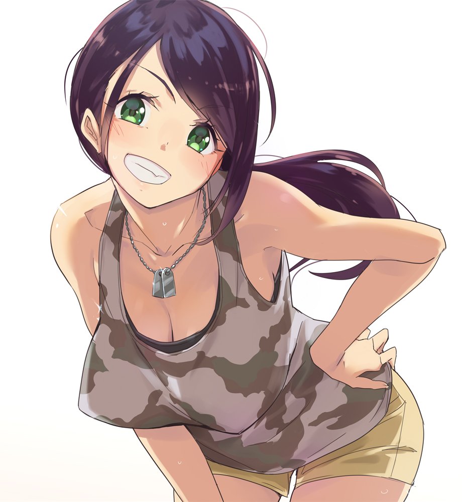 breasts camouflage_shirt cleavage collarbone commentary_request cowboy_shot dog_tags eyebrows_visible_through_hair green_eyes grin hand_on_hip idolmaster idolmaster_cinderella_girls kawaty leaning_forward long_hair looking_at_viewer medium_breasts purple_hair short_shorts shorts simple_background smile solo tank_top white_background yamato_aki