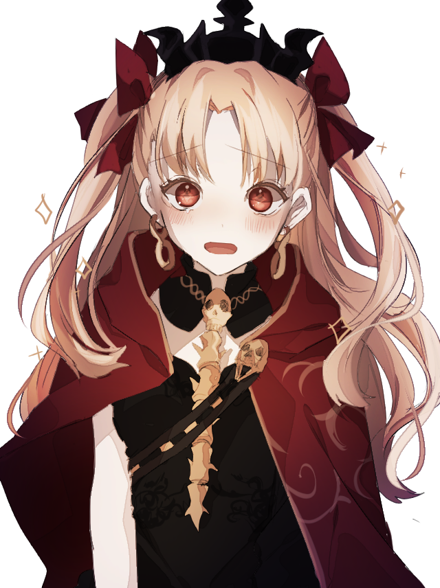 arm_at_side asa_(memento) bangs blonde_hair blush bow cloak commentary_request earrings ereshkigal_(fate/grand_order) eyebrows_visible_through_hair fate/grand_order fate_(series) hair_bow jewelry long_hair looking_at_viewer open_mouth parted_bangs partial_commentary red_bow red_eyes simple_background skull solo spine tiara two_side_up white_background