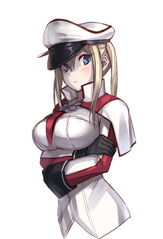 black_gloves blonde_hair blue_eyes blush breasts capelet closed_mouth commentary cropped_torso crossed_arms fumikiri gloves graf_zeppelin_(kantai_collection) hair_between_eyes hat kantai_collection large_breasts long_hair long_sleeves military military_hat military_uniform necktie peaked_cap red_neckwear sidelocks simple_background solo twintails uniform upper_body white_background white_capelet
