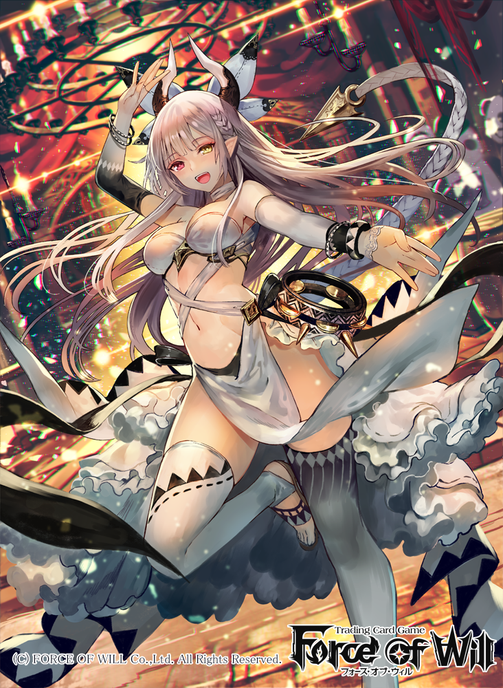 bow braid breasts candle cleavage copyright_name dancer fingerless_gloves force_of_will gloves heterochromia horns instrument long_hair medium_breasts midriff navel official_art open_mouth panda pink_eyes pointy_ears sandals solo sparkle tambourine teeth terai_(teraimorimori) thighhighs white_hair yellow_eyes