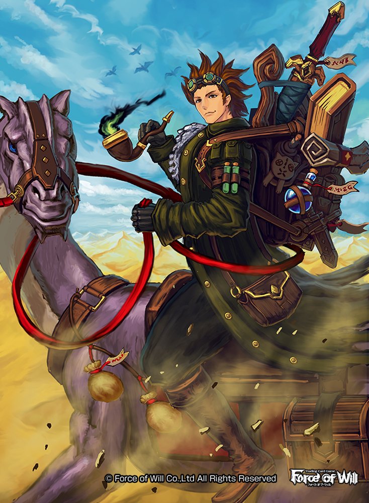 bag bird book boots brown_hair copyright_name day dinosaur_riding force_of_will gloves goggles goggles_on_head holding holding_pipe male_focus naginyan official_art pipe potion sand sky solo sword weapon