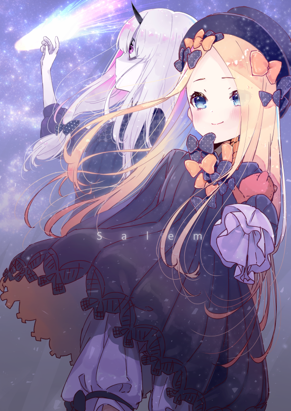 abigail_williams_(fate/grand_order) bags_under_eyes bangs black_bow black_dress black_hat blonde_hair bloomers blue_eyes blush bow bug butterfly closed_mouth dress eyes_visible_through_hair falling_star fate/grand_order fate_(series) hair_bow hair_over_one_eye hat horn hoshino_ruru insect lavinia_whateley_(fate/grand_order) long_hair long_sleeves looking_at_viewer multiple_girls object_hug orange_bow pale_skin parted_bangs pink_eyes polka_dot polka_dot_bow profile sky sleeves_past_fingers sleeves_past_wrists smile star_(sky) starry_sky stuffed_animal stuffed_toy teddy_bear underwear very_long_hair white_bloomers white_hair