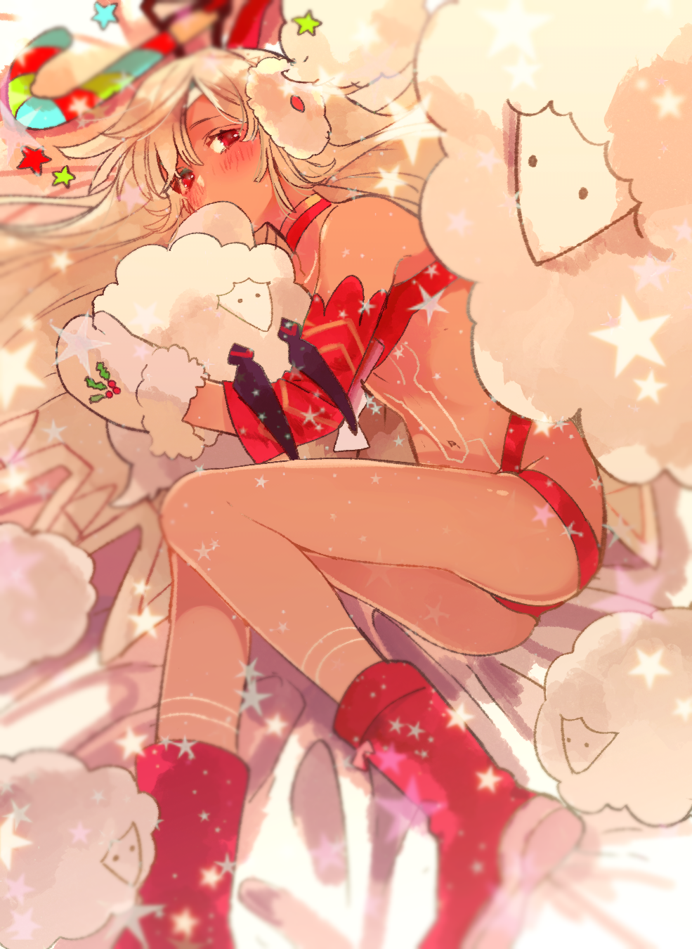 altera_(fate) altera_the_santa ass bfi7984 blush boots choker dark_skin detached_sleeves earmuffs fate/grand_order fate_(series) highres lamb looking_at_viewer mittens navel red_clothes red_eyes red_footwear revealing_clothes santa_boots santa_costume short_hair solo veil white_hair