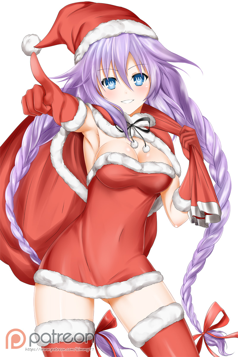 alfred_cullado armpits blue_eyes blush braid breasts capelet carrying_over_shoulder cleavage covered_navel dress elbow_gloves fur_trim gloves grin hat highres large_breasts long_hair looking_at_viewer navel neptune_(series) pointing pointing_at_viewer power_symbol purple_hair purple_heart red_dress red_gloves red_legwear santa_costume santa_hat skin_tight smile solo strapless strapless_dress symbol-shaped_pupils thighhighs twin_braids twintails very_long_hair watermark