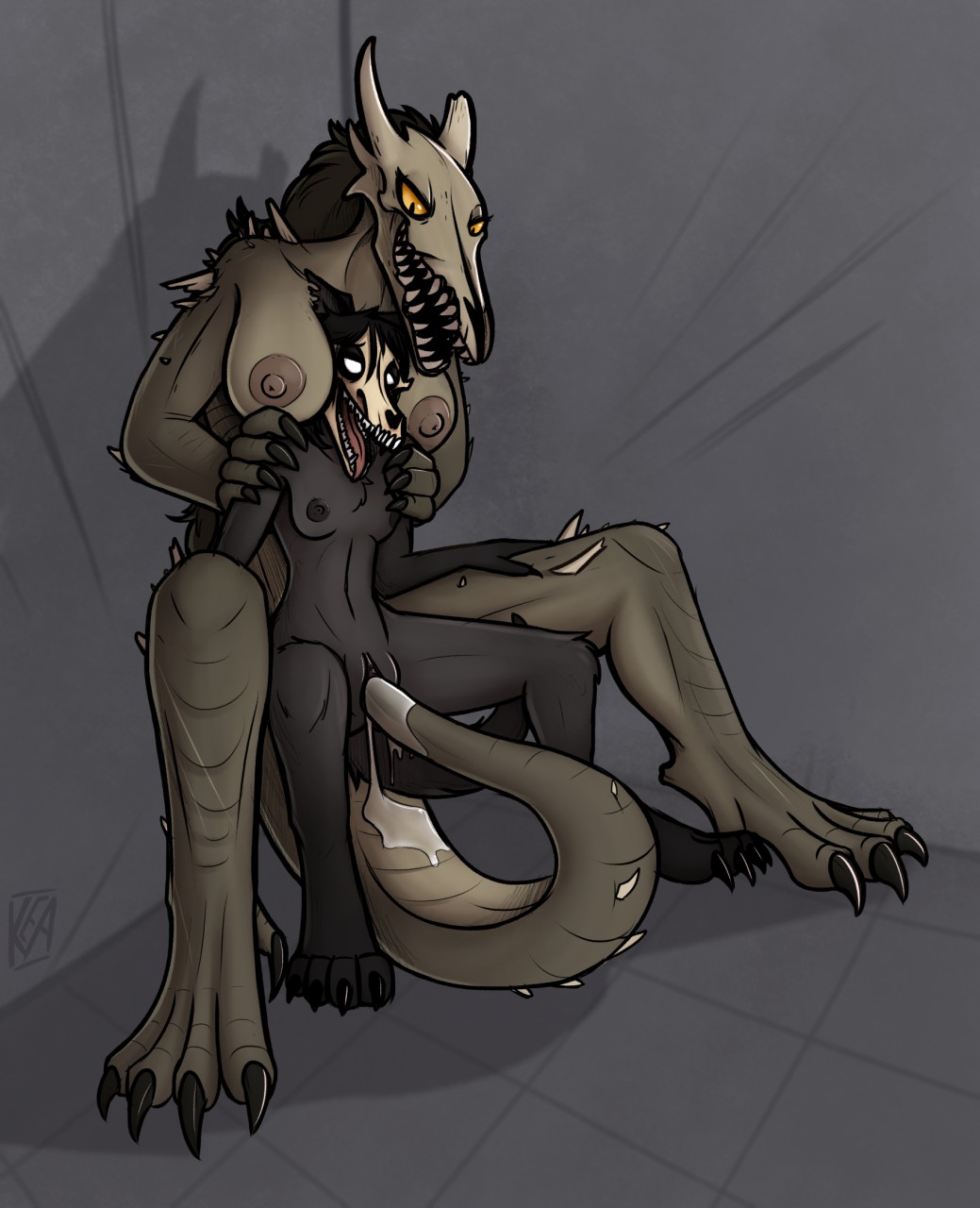 2017 anthro big_breasts black_fur black_hair breasts canine claws female fur hair kea_(artist) mammal monster nude scp-1471 scp-682 scp_foundation sex simple_background skull smile