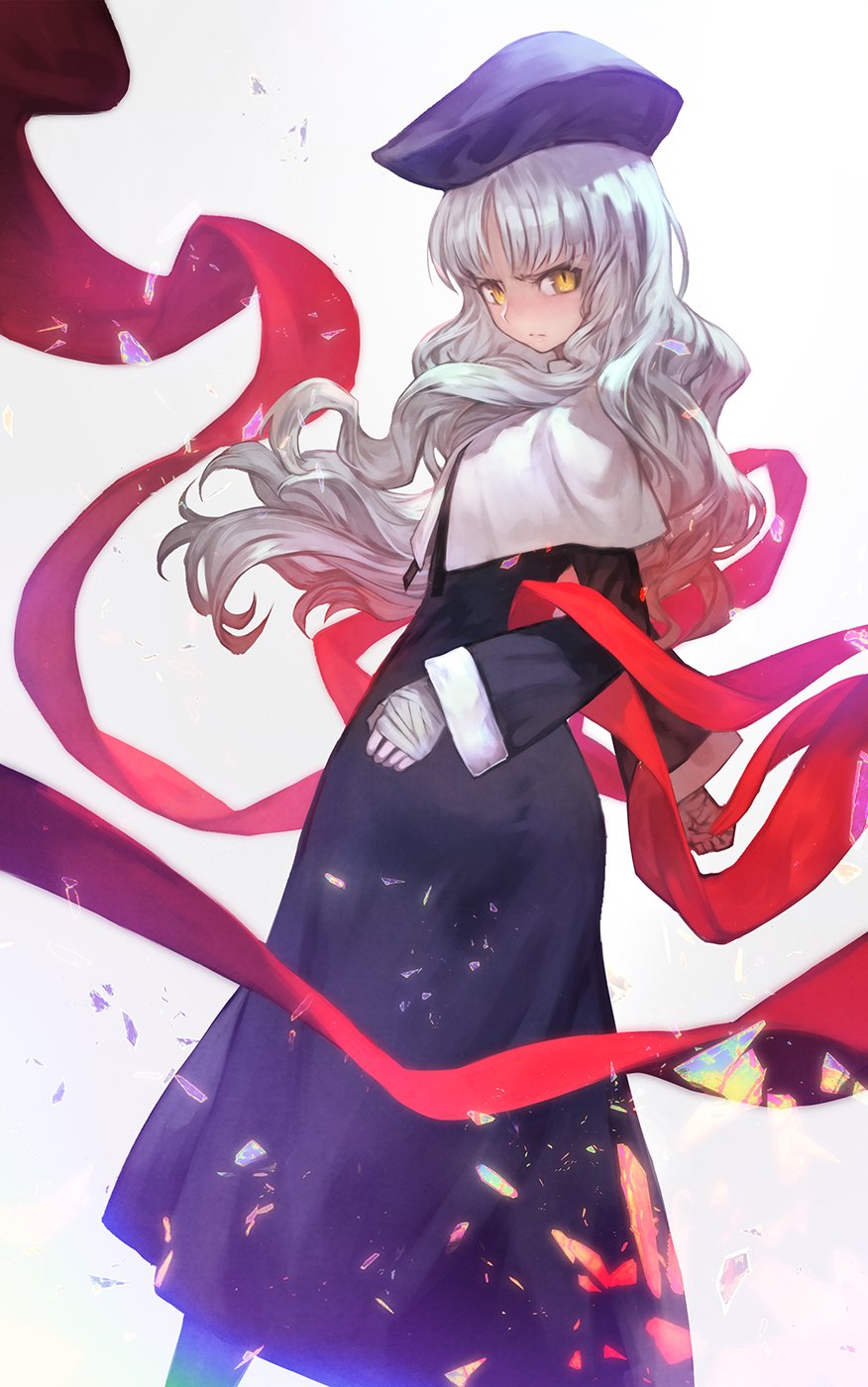 bandaged_hands bandages bangs black_dress caren_hortensia closed_mouth dress fate/hollow_ataraxia fate_(series) habit hat highres lack long_hair long_sleeves looking_at_viewer nun red_scarf scarf shroud_of_magdalene silver_hair solo very_long_hair yellow_eyes
