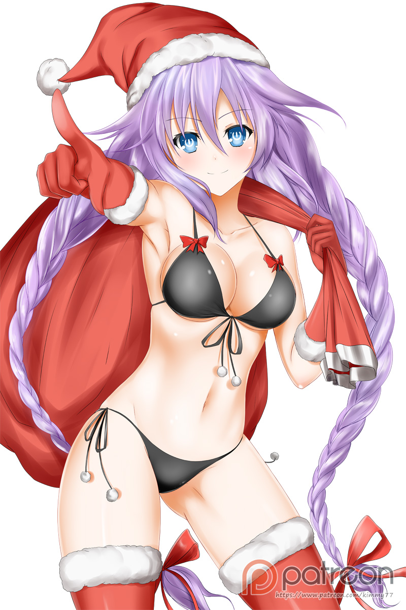 alfred_cullado armpits bare_shoulders bikini black_bikini blue_eyes blush braid breasts carrying_over_shoulder cleavage dimples_of_venus elbow_gloves fur_trim gloves hat highres large_breasts long_hair looking_at_viewer navel neptune_(series) pointing pointing_at_viewer power_symbol purple_hair purple_heart red_gloves red_legwear santa_costume santa_hat smile solo stomach swimsuit symbol-shaped_pupils thighhighs twin_braids twintails very_long_hair watermark