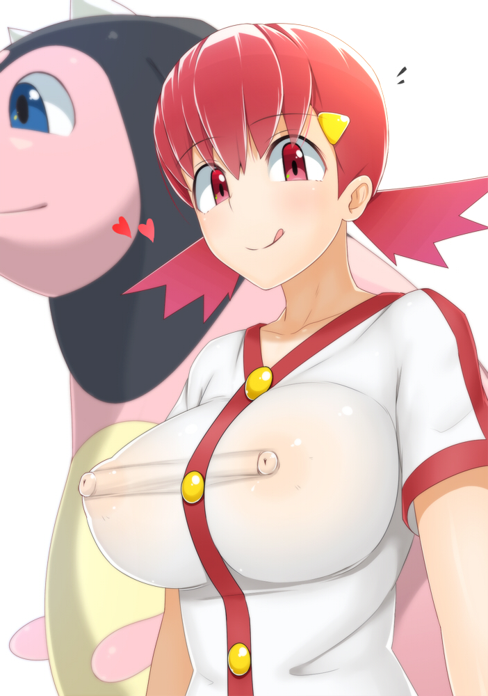 :p akane_(pokemon) blue_eyes blush breasts commentary_request covered_nipples eyebrows_visible_through_hair heart impossible_clothes impossible_shirt large_breasts licking_lips looking_at_viewer no_bra pink_eyes pink_hair pokemon pokemon_(game) pokemon_hgss see-through shirt short_sleeves short_twintails simple_background smile taguchi_takahiro tongue tongue_out twintails upper_body white_background