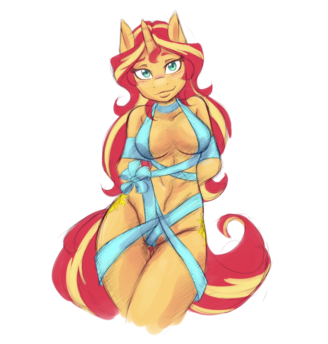 alternate_form ambris anthro anthrofied bedroom_eyes breasts equestria_girls eyelashes female gift half-closed_eyes happy my_little_pony naughty_face portrait pose ribbons seductive smile solo suggestive sunset_shimmer_(eg) three-quarter_portrait