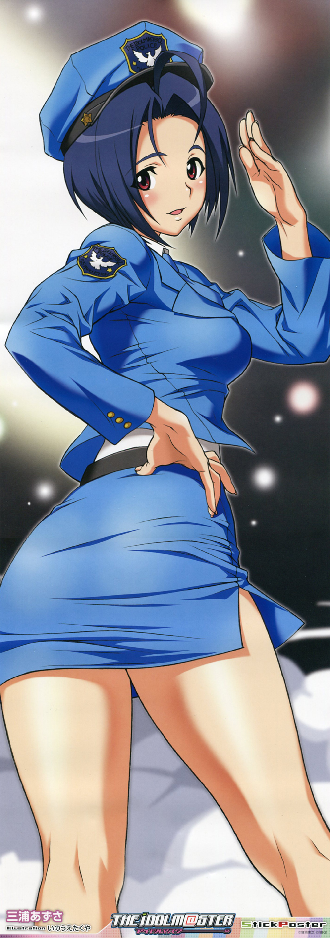 ahoge bare_legs blazer blue_hair blush character_name copyright_name cowboy_shot fingernails from_behind hand_on_hip hat highres idolmaster idolmaster_(classic) inoue_takuya jacket logo long_sleeves looking_at_viewer looking_back miniskirt miura_azusa official_art open_mouth pencil_skirt police police_hat police_uniform policewoman red_eyes salute short_hair side_slit skirt solo standing uniform