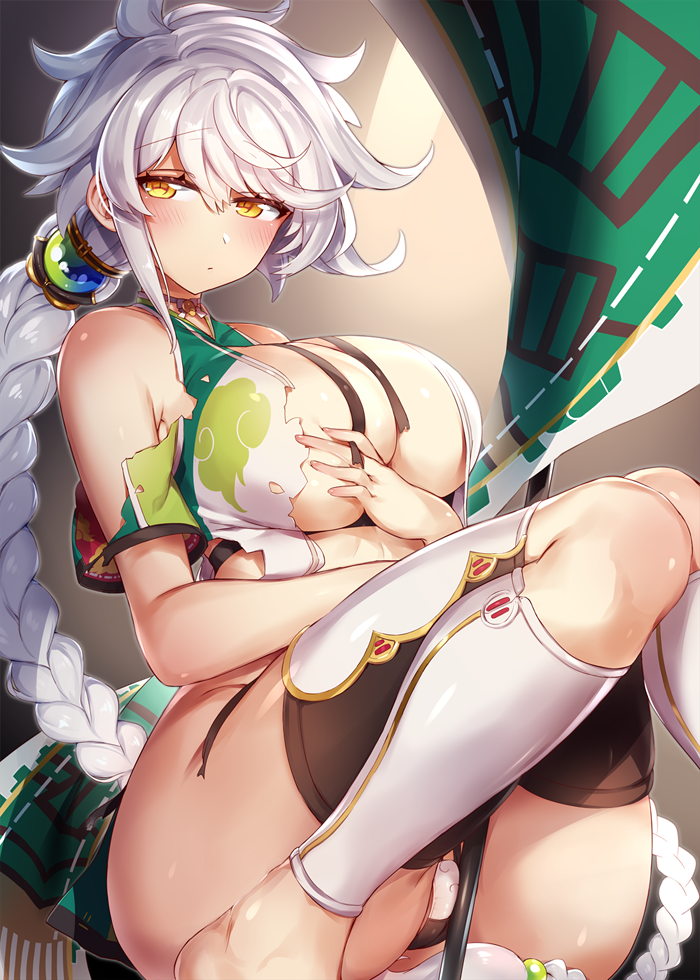 asymmetrical_hair bare_shoulders blush bra braid breast_hold breasts closed_mouth cloud_print commentary_request crop_top cupless_bra curly_hair eyebrows_visible_through_hair flag hair_between_eyes hair_ornament halterneck huge_breasts jitome kantai_collection knees_together_feet_apart long_hair panties silver_hair single_braid sitting solo thighhighs torn_bra torn_clothes torn_panties underwear unryuu_(kantai_collection) very_long_hair yamaarashi yellow_eyes