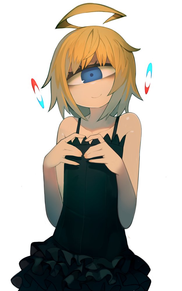 bare_arms bare_shoulders black_dress blonde_hair blue_eyes closed_mouth commentary_request cyclops dress frilled_dress frills harau looking_at_viewer one-eyed original simple_background solo upper_body white_background