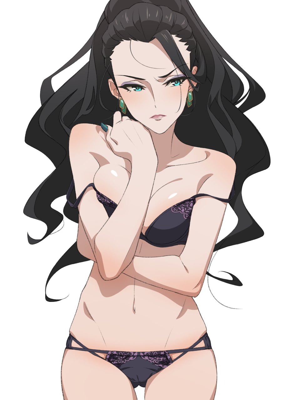 bare_shoulders black_bra black_hair black_panties blue_eyes blue_nails blush bra breast_hold breasts collarbone commentary earrings executive_mishiro eyeliner fukushi_ryouhei hair_pulled_back hand_on_own_neck highres hips idolmaster idolmaster_cinderella_girls jewelry long_hair makeup medium_breasts multi-strapped_panties nail_polish navel off_shoulder panties ponytail simple_background solo strap_slip underwear underwear_only wavy_hair white_background