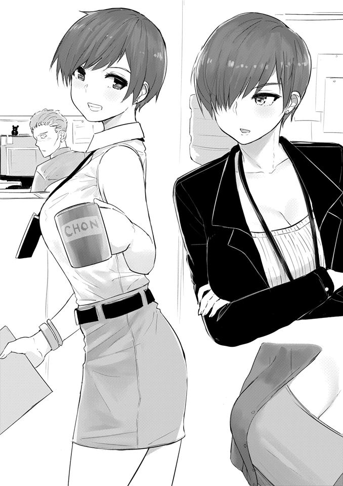 1guy 2girls bare_shoulders bracelet breasts cleavage commentary computer earring hair_over_one_eye highres holding indoors inside large_breasts looking_back monochrome mug multiple_girls office office_clothes office_lady original shirt short_hair skirt together white_shirt
