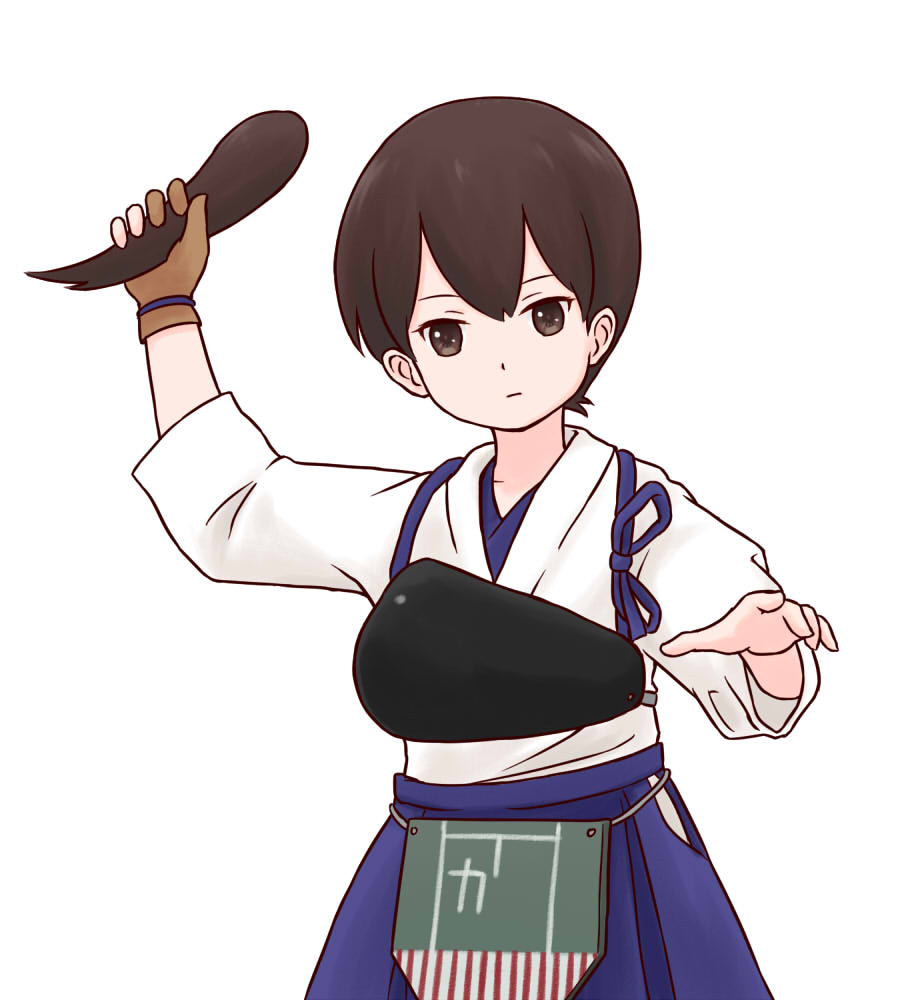 bangs batta_(ijigen_debris) brown_eyes brown_gloves brown_hair closed_mouth commentary_request detached_hair fingerless_gloves flight_deck gloves hakama holding holding_hair japanese_clothes kaga_(kantai_collection) kantai_collection looking_at_viewer muneate partly_fingerless_gloves short_hair single_fingerless_glove single_glove solo standing upper_body