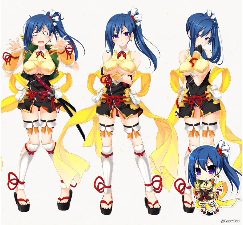 blue_eyes blue_hair breasts bridal_gauntlets chibi cleavage feet koihime_musou legs ponytail sandals shin_guards sword thighs toes underboob