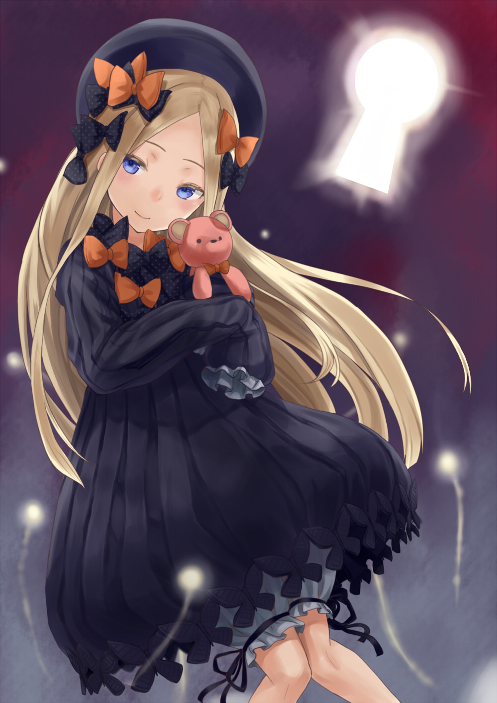 abigail_williams_(fate/grand_order) bangs black_bow black_dress black_hat blonde_hair bloomers blue_eyes bow bug butterfly closed_mouth commentary_request doonatsu. dress fate/grand_order fate_(series) forehead hair_bow hat head_tilt highres insect keyhole long_hair long_sleeves looking_at_viewer object_hug orange_bow parted_bangs polka_dot polka_dot_bow sleeves_past_wrists smile solo stuffed_animal stuffed_toy teddy_bear underwear very_long_hair white_bloomers