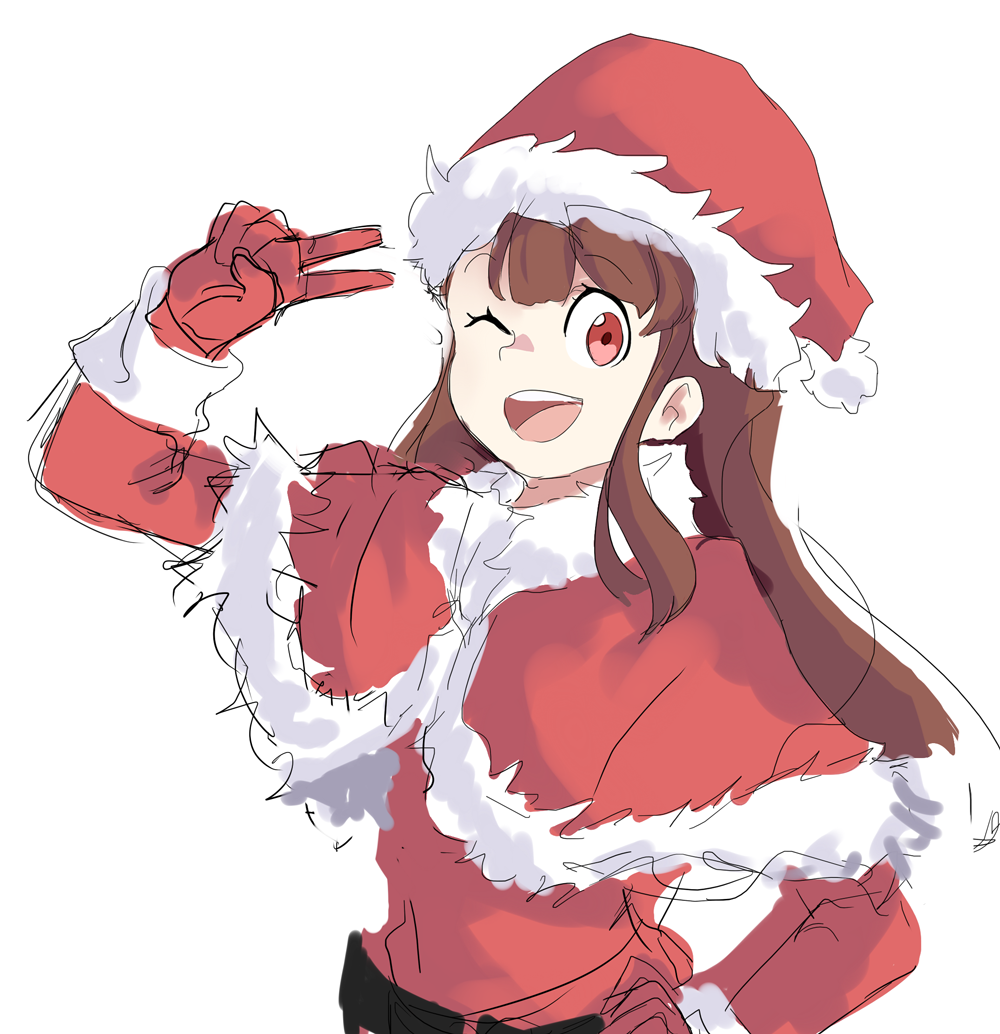 ;d brown_hair eliln hat kagari_atsuko little_witch_academia long_hair one_eye_closed open_mouth red_eyes santa_costume santa_hat simple_background smile solo