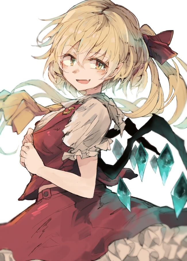 alternate_breast_size ascot bad_id bad_pixiv_id banned_artist blonde_hair breasts commentary_request fang flandre_scarlet from_side hair_between_eyes hair_ribbon long_hair looking_at_viewer medium_breasts miniskirt puffy_short_sleeves puffy_sleeves red_ribbon red_skirt ribbon short_sleeves simple_background skirt skirt_set slit_pupils smile solo touhou white_background wings yellow_eyes yellow_neckwear zairen